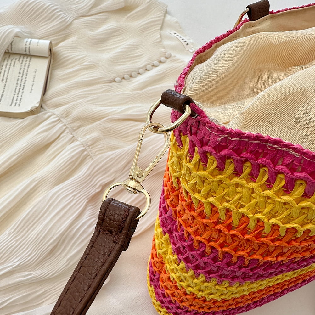 Women Straw Woven Handbag Drawstring Tote Clutch Bags for Seaside (Multicolor) Shoulder Bags for Women