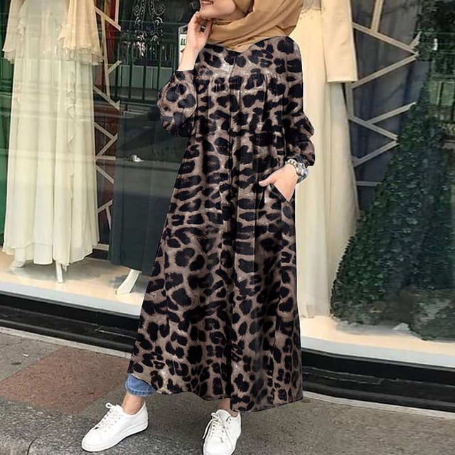 pstuiky Robes d'Été pour Femmes, Mode pour Femmes Robe à Col en V Ample à Manches Longues à Imprimé Léopard Longueur Cheville Robe Longue Robes Mini Soldes