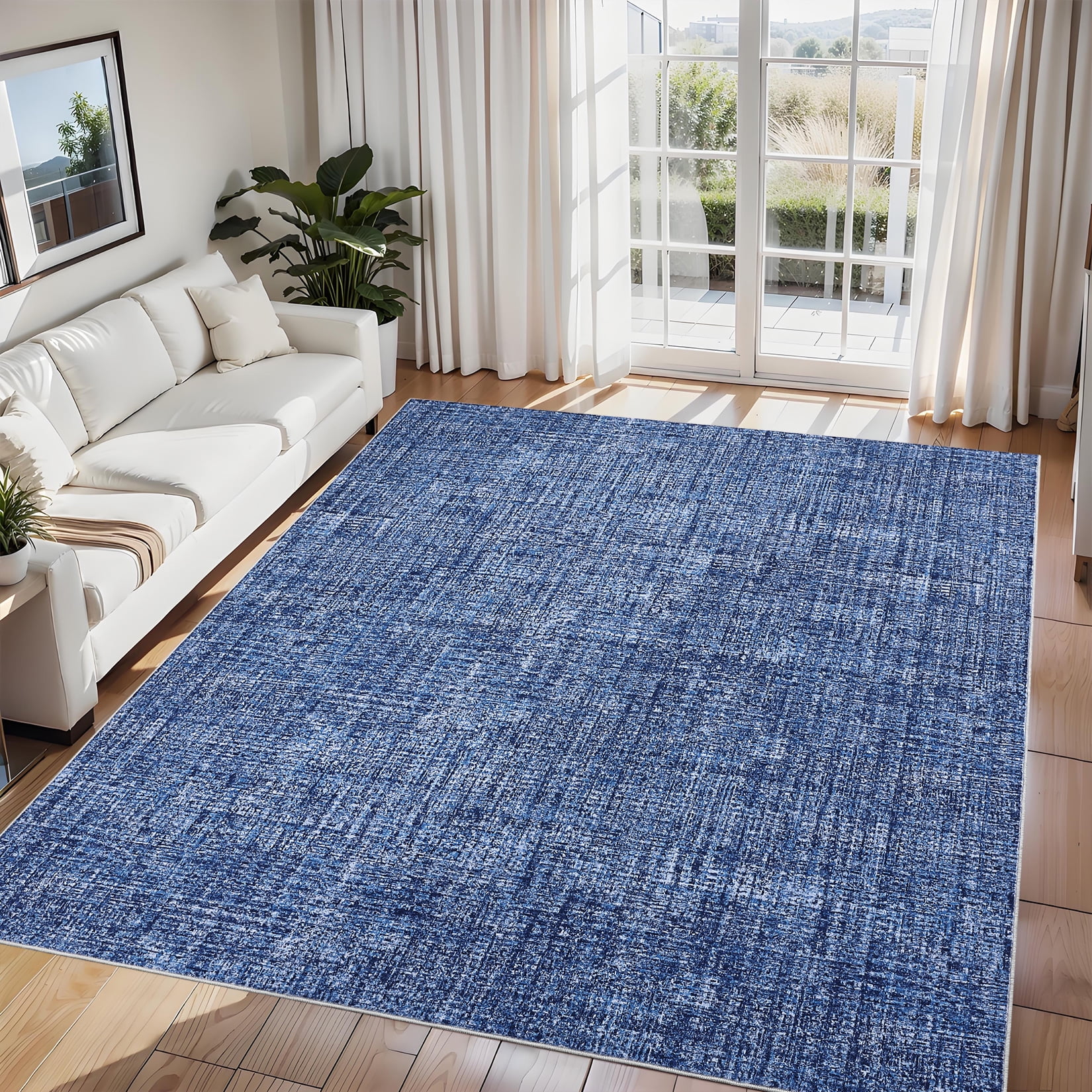 Senfot 9x12 Solid Area Rug Washable Non-Slip Stain Resistant Low Pile Soft Foldable for Living Room Bedroom Office Blue