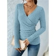 thumbnail image 2 of Women'S Long Sleeve Shirt V Neck Ribbed Knit Slim Button Sweater Autumn Casual Work Tops Light Blue L, 2 of 7
