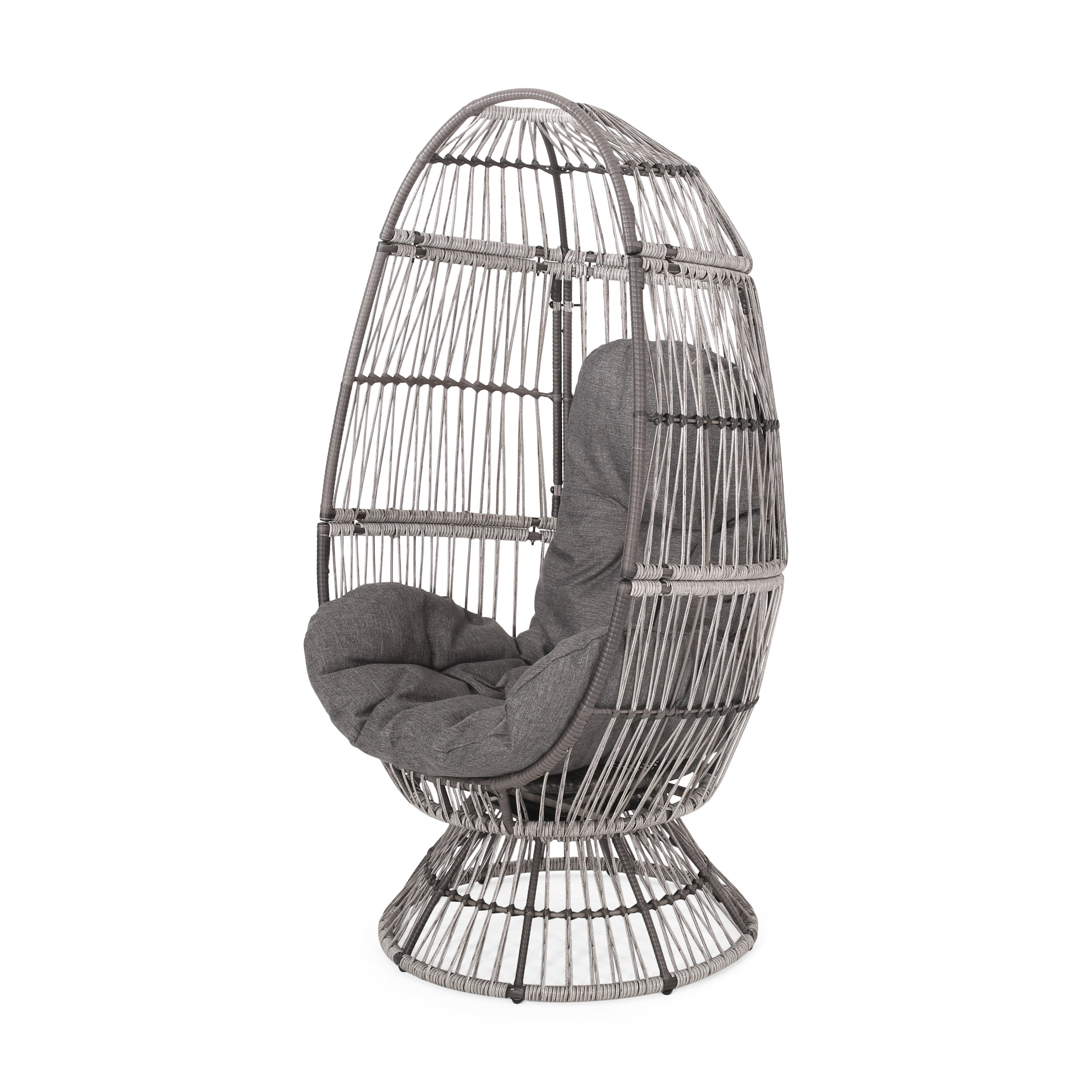 Outdoor Rotatable Egg Shaped Leisure Chair, Wicker Weave Swivel Single Seat for Patio Garden, Gray and Dark Gray