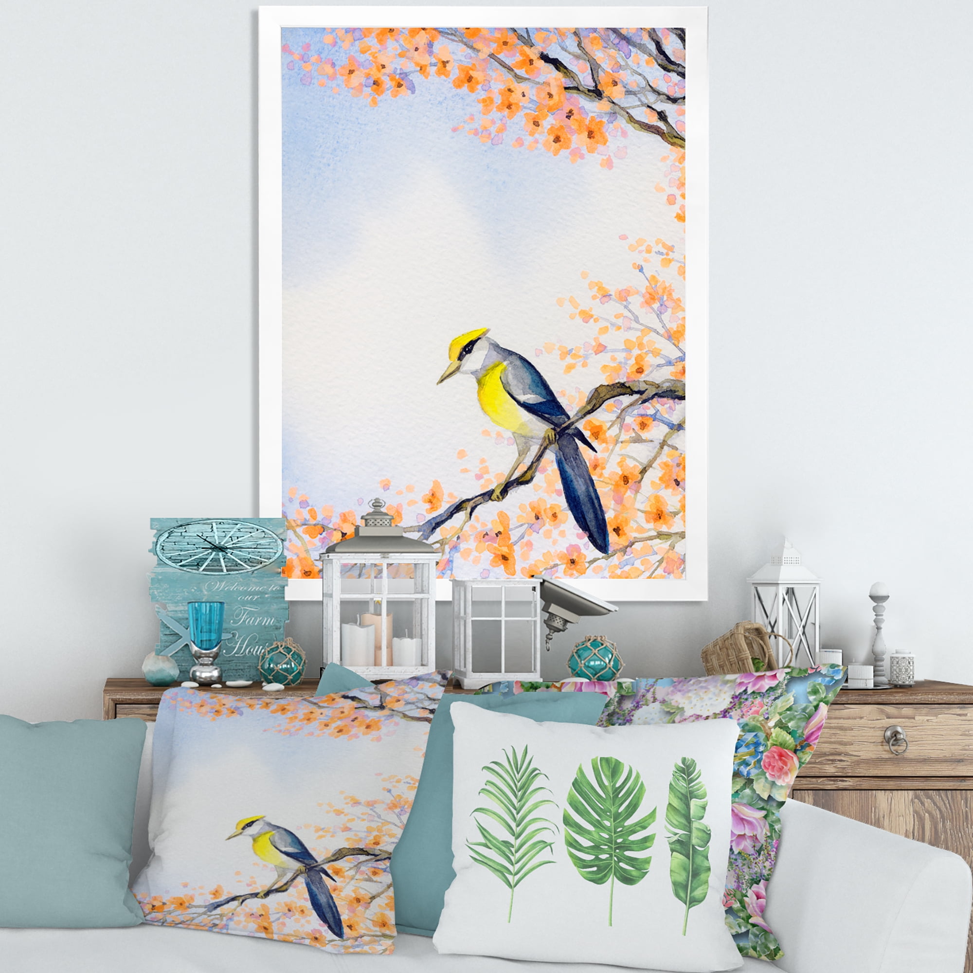 Beautiful Blue Bird Sitting On Flowering Branch II 24 in x 32 in Framed Painting Canvas Art Print, by Designart