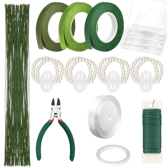 Set of 161, Floral Tape and Floral Wire Arrangement Tool Kit with White Ribbon and Elastic Pearl Wrist Corsage Bands for Bouquets