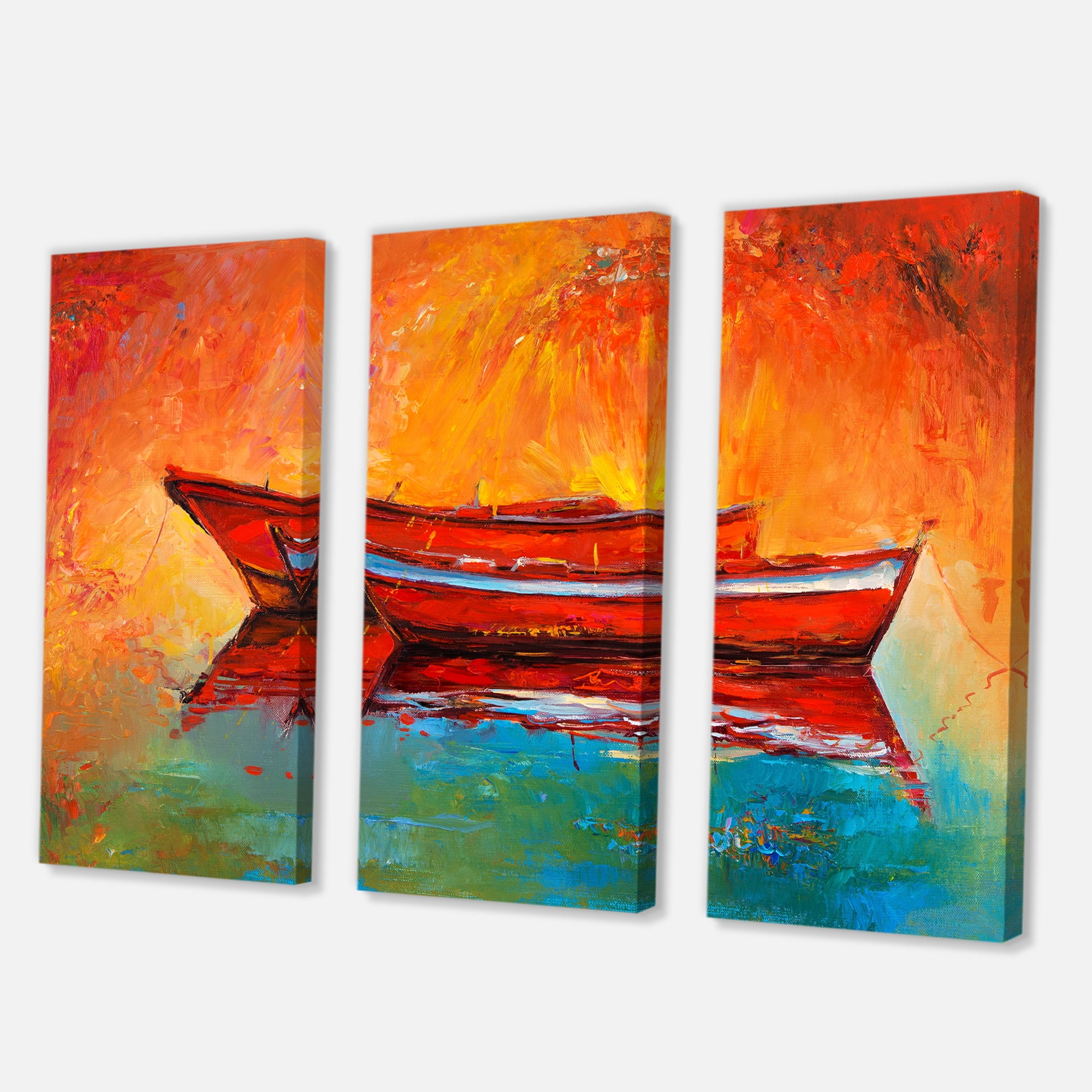 Designart ' Two Red Boats During Sunset In Lake ' Nautical & Coastal Canvas Wall Art Print