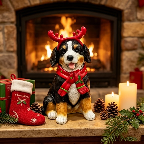 Clearance! Christmas Dog Figurine, 7.87" Resin Statue with Reindeer Antlers & Scarf, Holiday Tabletop Decor