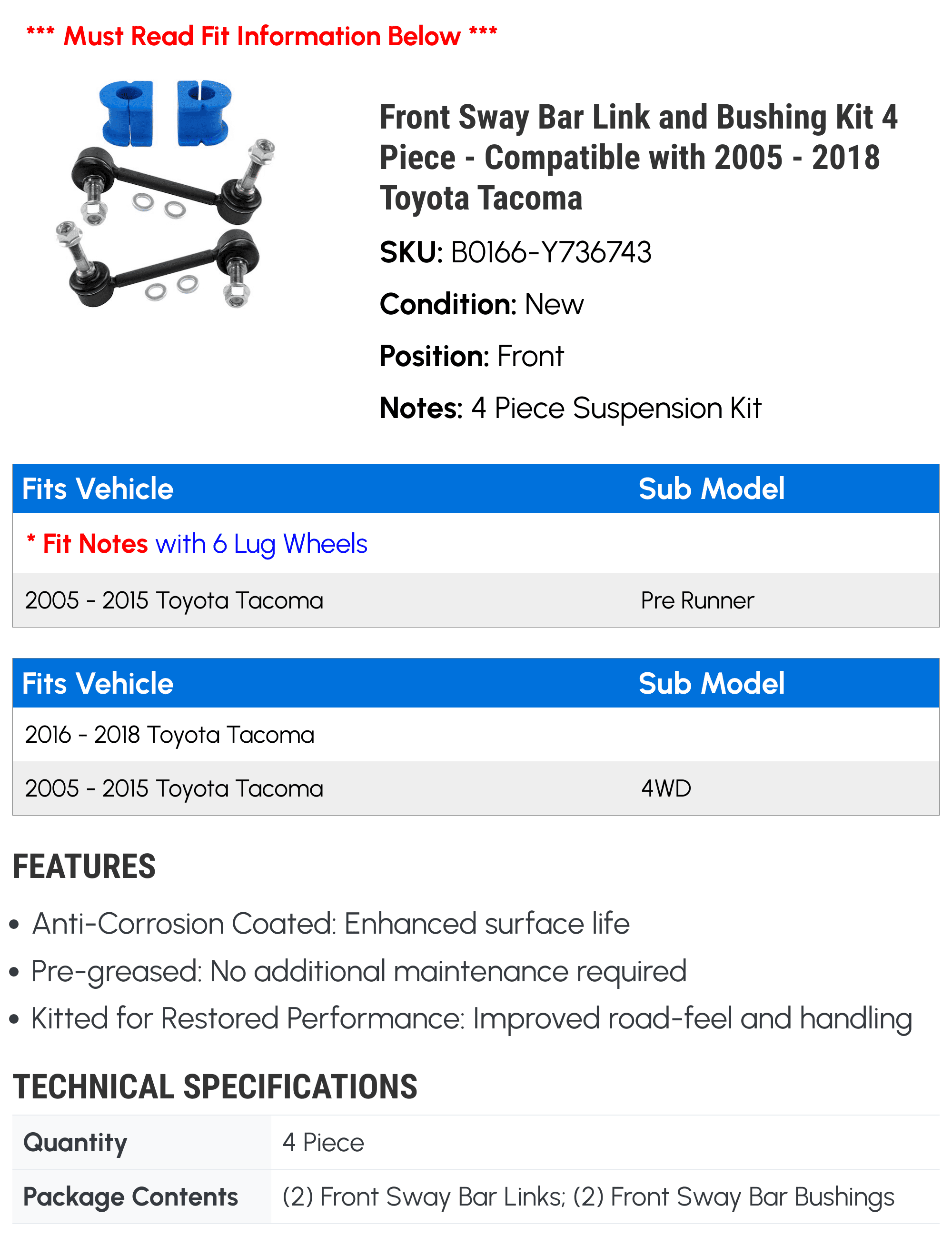 Front Sway Bar Link and Bushing Kit 4 Piece - Compatible with 2005 - 2018 Toyota Tacoma 2006 2007 2008 2009 2010 2011 2012 2013 2014 2015 2016 2017