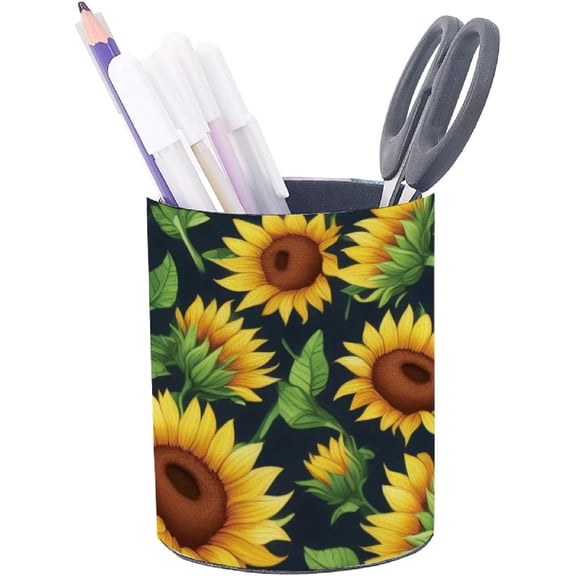 Yellow Sunflowe Pattern PVC Imitation Leather Pen Holder Women Cup Pencil Organizer Desk Plastic Round Desktop Box 3.94×3.15 inch Container Storage Office Home Decorative Pottubular Penrack diy