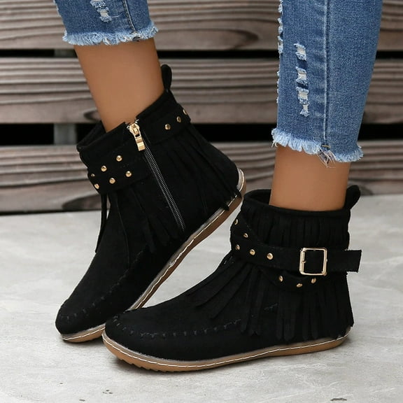 Fringe Studded Suede Flat Boots