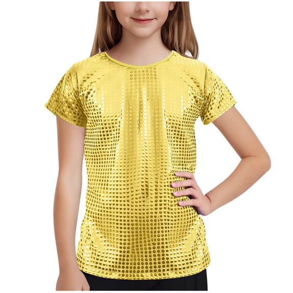 hoksml Girls' Sparkly Metallic Short Sleeve T-Shirts Disco Party Performance Tops Multi Color Options for Kids Dance and Casual Wear