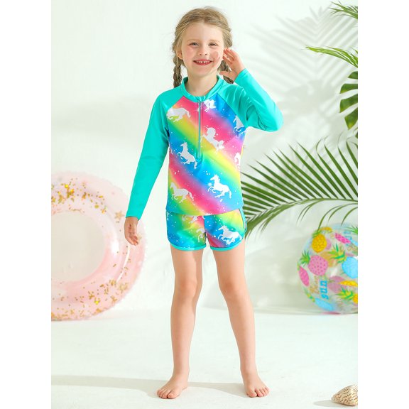 GYRATEDREAM Girls Rash Guard Swimsuit 2-Piece Long Sleeve Bathing Suit UPF 50 Sun Protection Summer Beach Swimwear, 5-6 Years