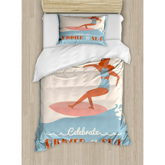 Beach Saying Duvet Cover Set Twin Size, Vintage Celebrate Summer and the Sea Text, Decorative 2 Piece Bedding Set with 1 Pillow Sham, Pale Blue Grey Burnt Sienna Burnt Orange Ivory, by Ambesonne