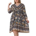 thumbnail image 4 of Vestido de verano de talla grande Agnes Orinda para mujeres, casual, bohemio, floral, con escote en V, manga 3/4, midi, corto, vestido de playa 1X negro y amarillo, 4 of 6