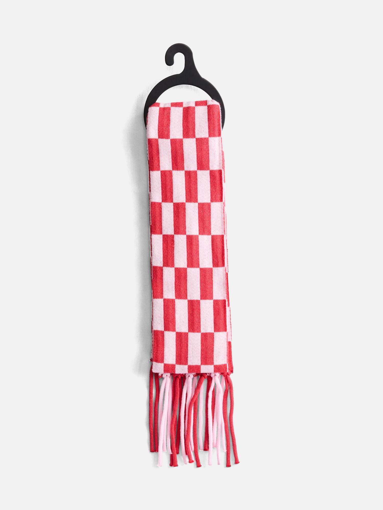 No Boundaries Women's Check Scarf with Fringe, Ruby Light