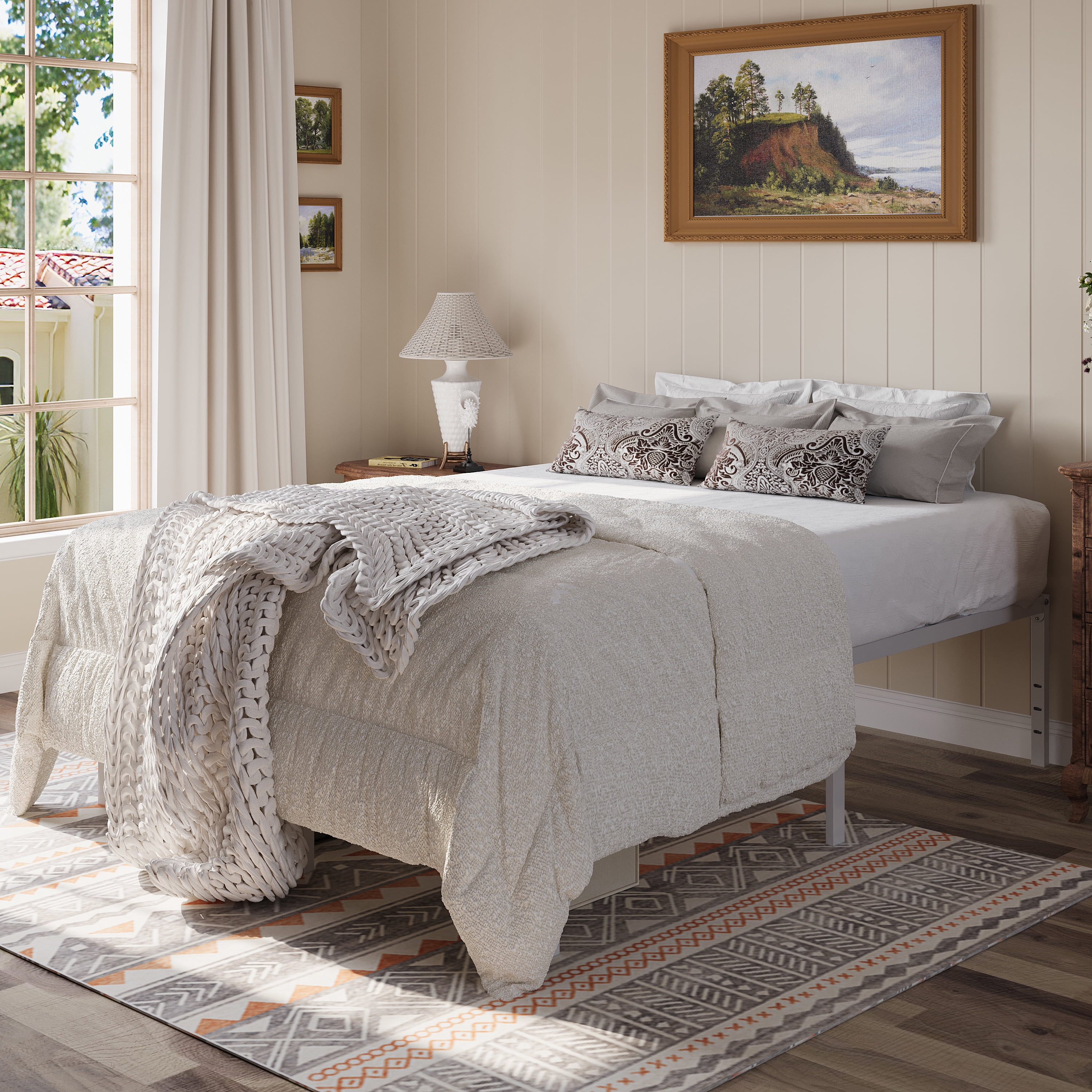Einfach Queen Bed Frame, 18'' Metal Platform Bed with 16.6'' Under-Bed Storage Space, Heavy Duty, No Box Spring Needed, White