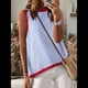 thumbnail image 4 of Camiseta Sin Mangas de Cuello Alto con Bloques de Color y Rayas Informales para Mujer, de Verano 2025, de Punto Holgado, de Corte Alto y Sin Mangas Como Se Muestra L, 4 of 6