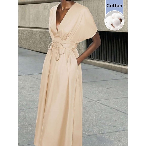 Apricot V-Neck Wrap Maxi Dress With Tie Waist And Kimono Sleeves