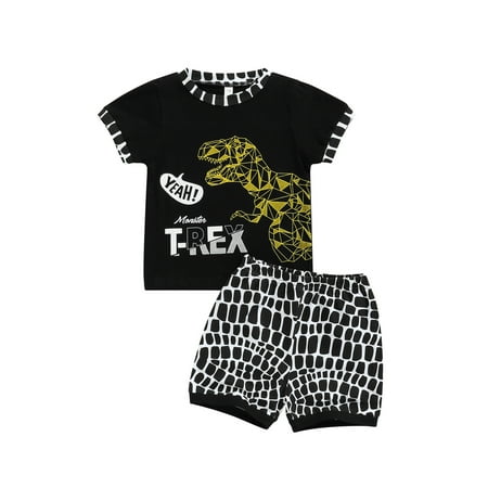 

Fiomva Kids Suit Set Dinosaur Print Short Sleeve T-Shirt Plaid Short for Boys Black 2-3 Years