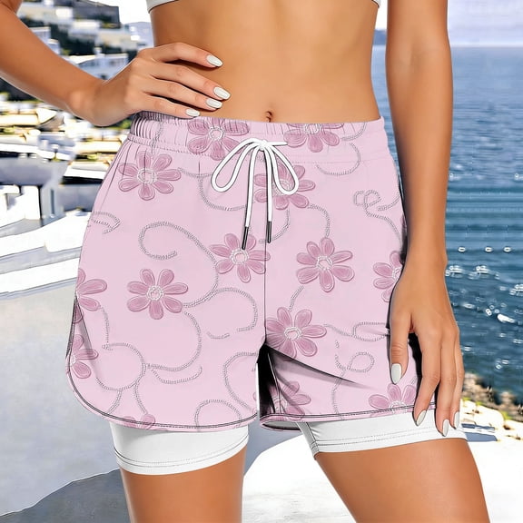Womens Pink Floral 2 In 1 Athletic Shorts, Drawstring Workout Gym Running Yoga Shorts With Built In Compression Liner,Size M