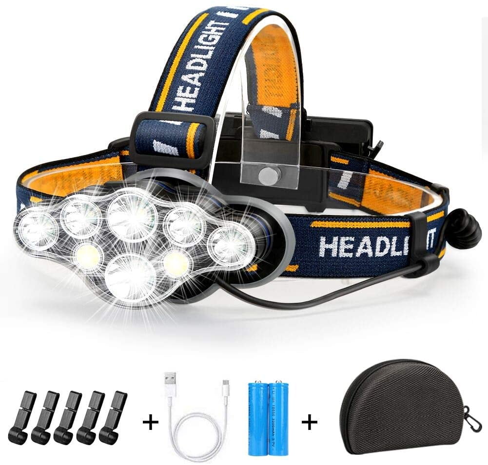 Rechargeable Headlamp, 18000 Lumen Headlamp Flashlight 8 LED 8 Modes