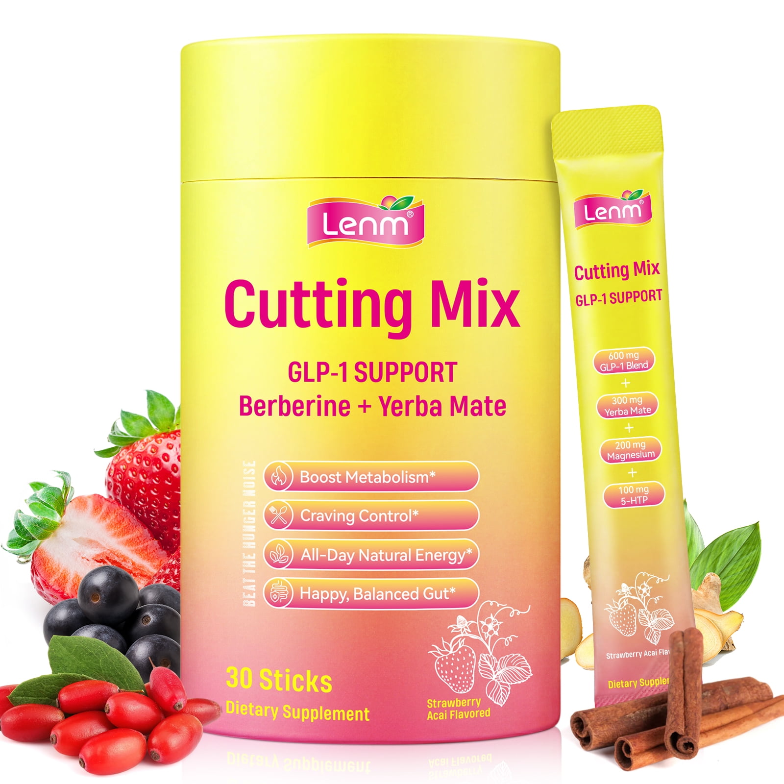 Cutting Drink Mix Powder - with Berberine, Yerba Mate, 5-HTP & FOS - Craving + Metabolic Wellness Support, Strawberry Acai Flavor, 30P