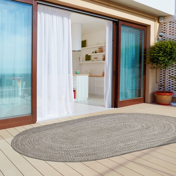 BNM Indoor/ Outdoor Multihued Oval Rug, 5' x 8', Slate- White