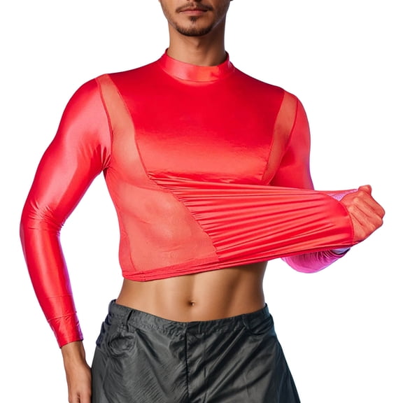 XIAONU Men's Long-Sleeve Sheer Turtleneck Top Stretchy Mesh Ruched Crop Shirt Stylish Performance Dance Clubwear