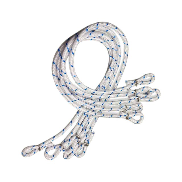 cuerda de bandera cuerda para asta de bandera, cuerda de adecuada para asta de bandera de 10cm, ganchos de clip a presión, cuerda de alta resistencia, accesorios — Primer plano de cinco cuerdas trenzadas blancas con hilos azules y lazos rematados en hebillas de aluminio plateadas; textura trenzada visible y longitud aproximada 41 cm (16.14 in); pensada para fijar en la eslinga de astas de bandera residenciales o comerciales; también suele usarse para asegurar banderines y decoración de jardín.