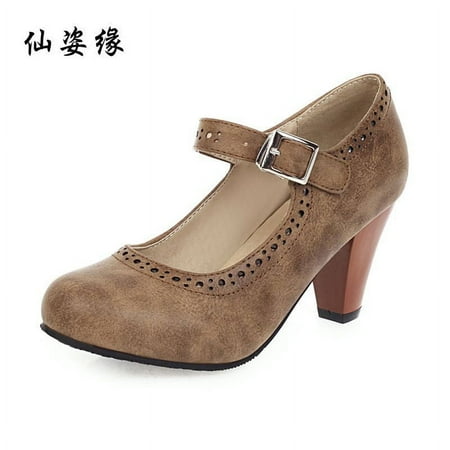 

40/48 extra large women‘s shoes new single shoes round head thick heel high heels Mary Jane shoes for distribution