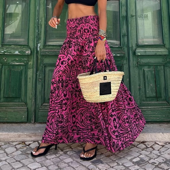 Maxi Skirts for Women Summer Elastic High Waist Boho Long Skirt Casual Comfortable Pleated Womens A Line Skirt Hot Pink L