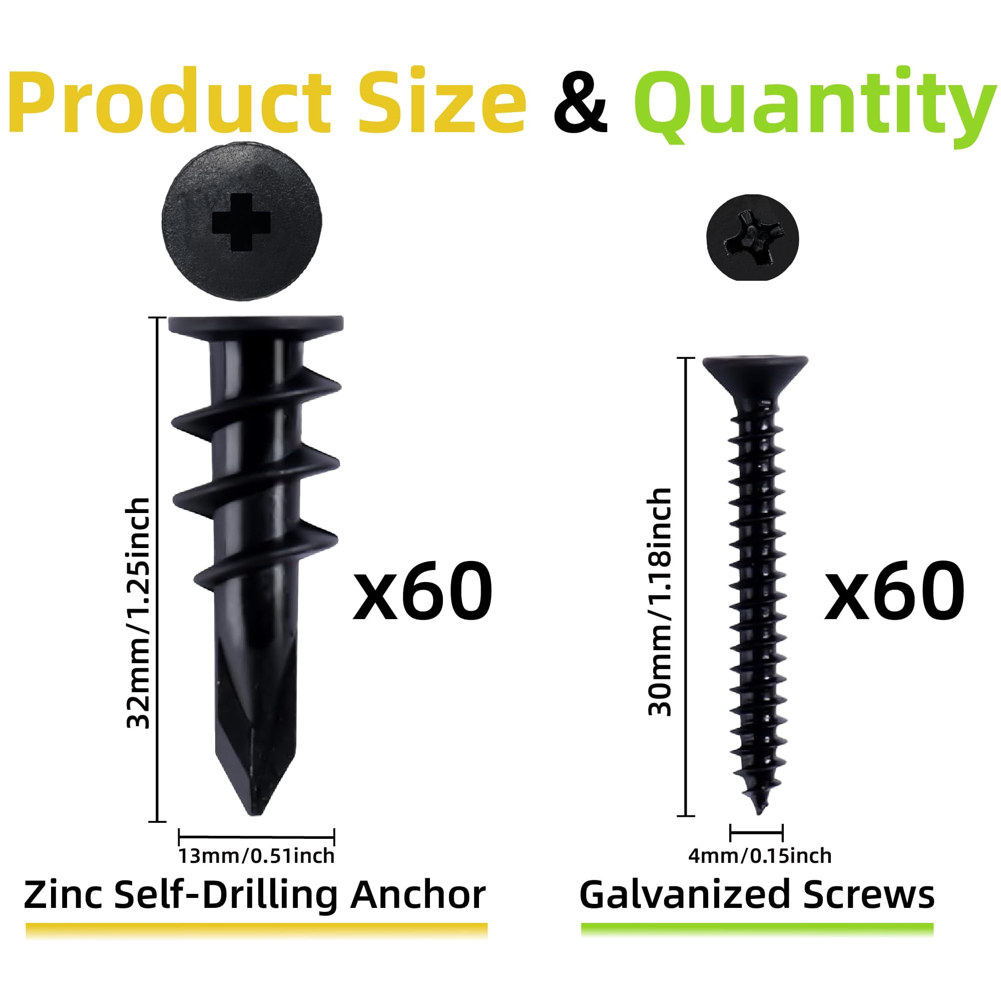 300PCS Self Drilling Drywall Anchors, Nylon Plastic Wall Anchors and Screws for Drywall, No Pre Drill Required for Picture Frames Wall Decor Art, Sheetrock Hangers- 75 Lbs,Black and White