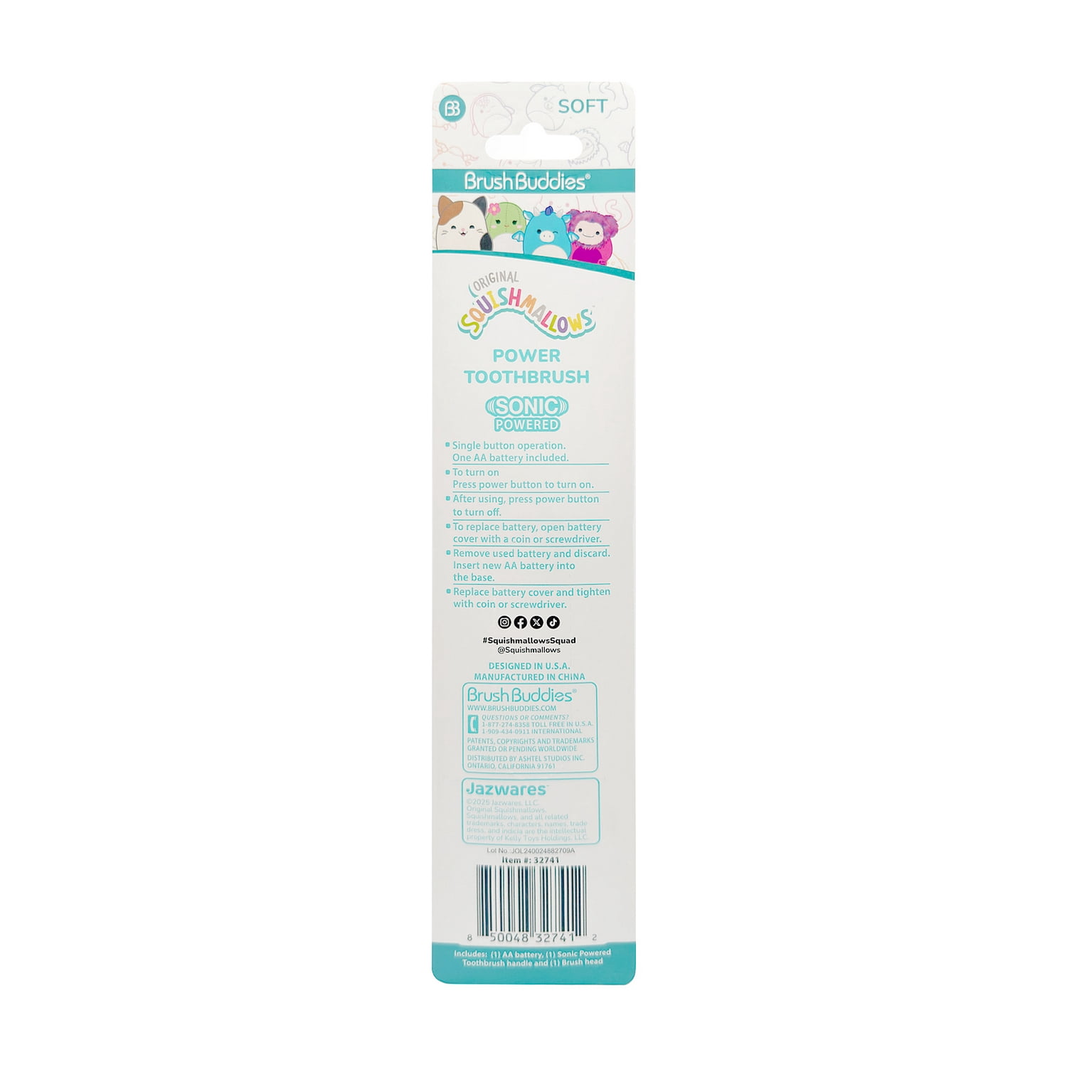 Squishmallow Sonic Powered Soft Bristles Toothbrush by Regent Products – Gentle Kids Sonic Toothbrush with Soft Bristles & Fun Character Style, Pack of 1