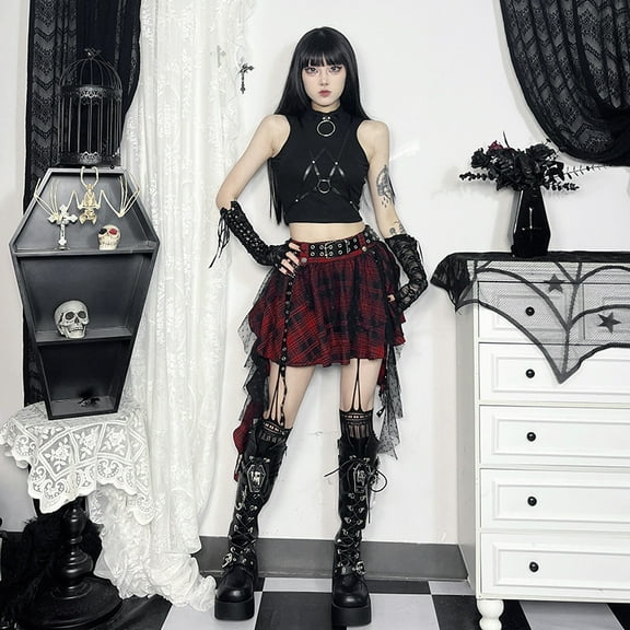 Retro Dark Grunge Plaid Ball Gown Skirts Gothic Irregular Lace Ribbon Women Mini Cyber Y2K Streetwear Zip E-girl Skirt