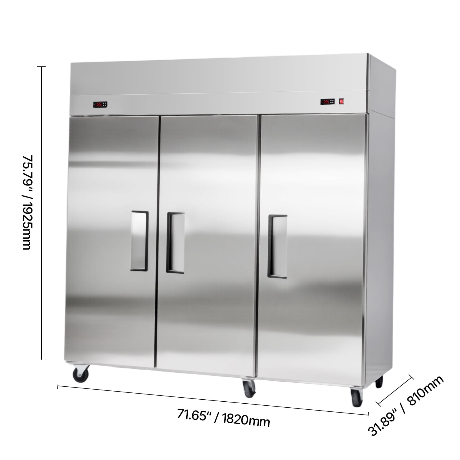 KFFKFF Commercial Refrigerator and Freezer Combo 72"W, 51 Cu.Ft Stainless Steel Upright Unit with Three Doors, Auto-Defrost, 9 Adjustable Shelves, UL Certified