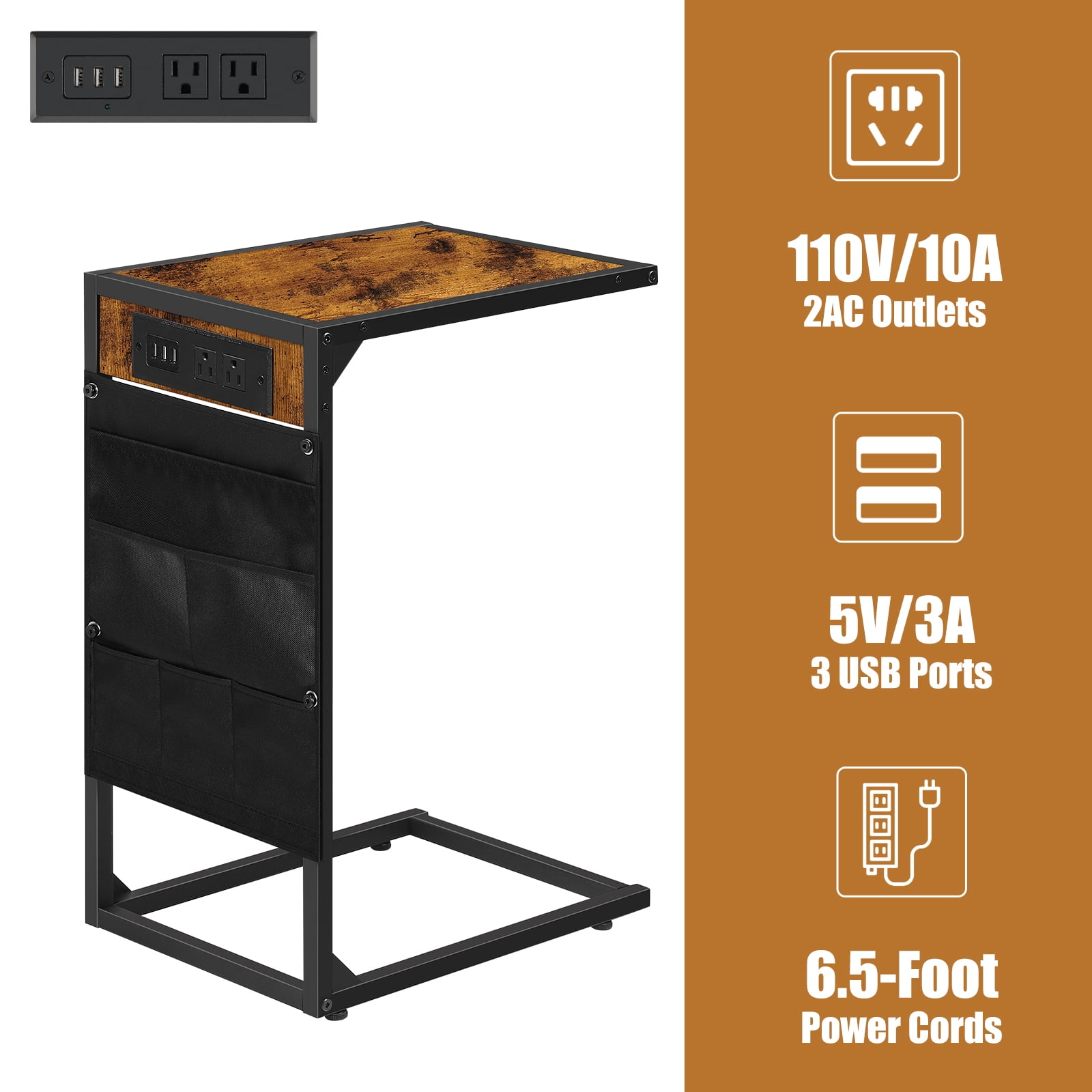 C-Shaped Coffee Table Side Table with Charging Station 2 Piece Sofa Table Set Brown