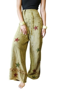 Mogul Women Bohemian Pants Wide Leg Yoga Pants Wrap Pant Green Embroidered Beach Pants ML