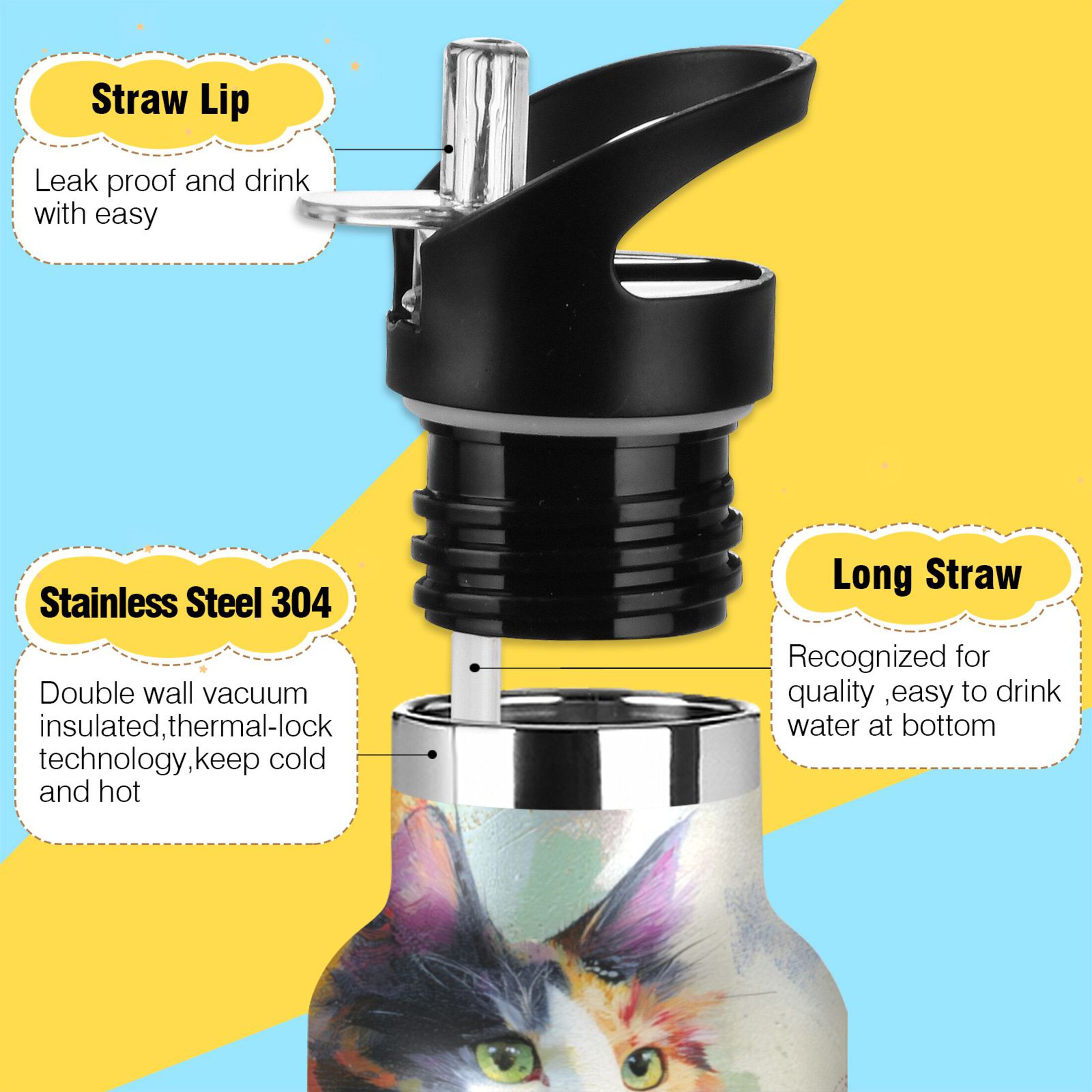Kids Insulated Stainless Steel Sports Water Bottle 600ml (20oz) Charming Hairy Cat