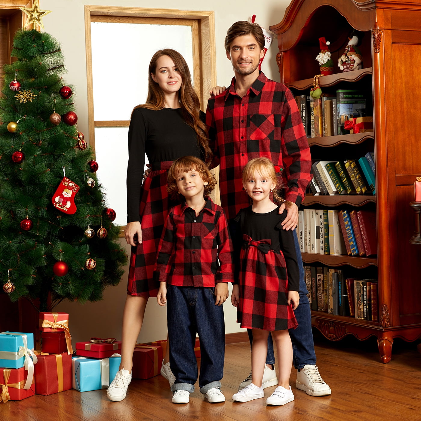 Family Matching Black Long-sleeve Splicing Plaid Dresses and Polo Shirts Sets