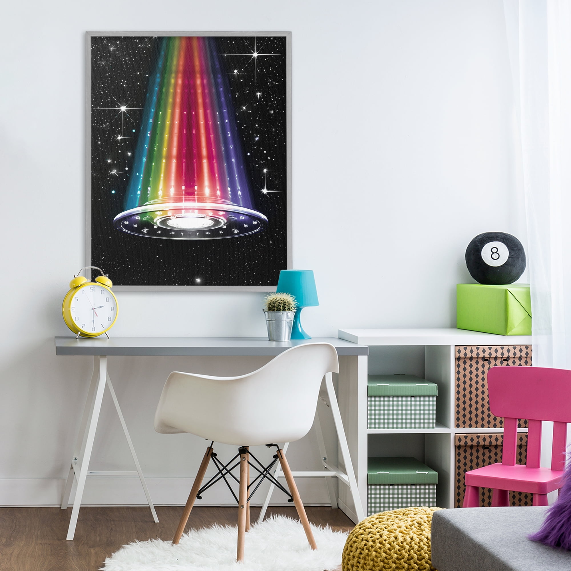 Rainbow Galaxy UFO Gray Framed Giclee Art, design by Sasha