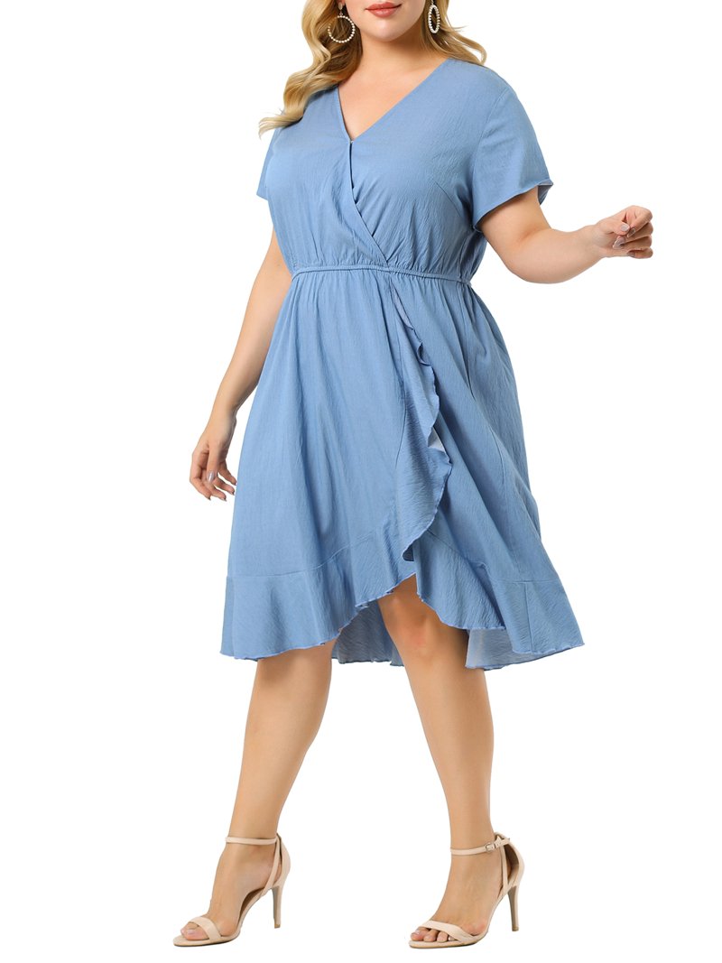 denim wrap dress plus size MODA NOVA Juniors' Plus Size Denim Dress Wrap Elastic Waist Ruffle Dresses