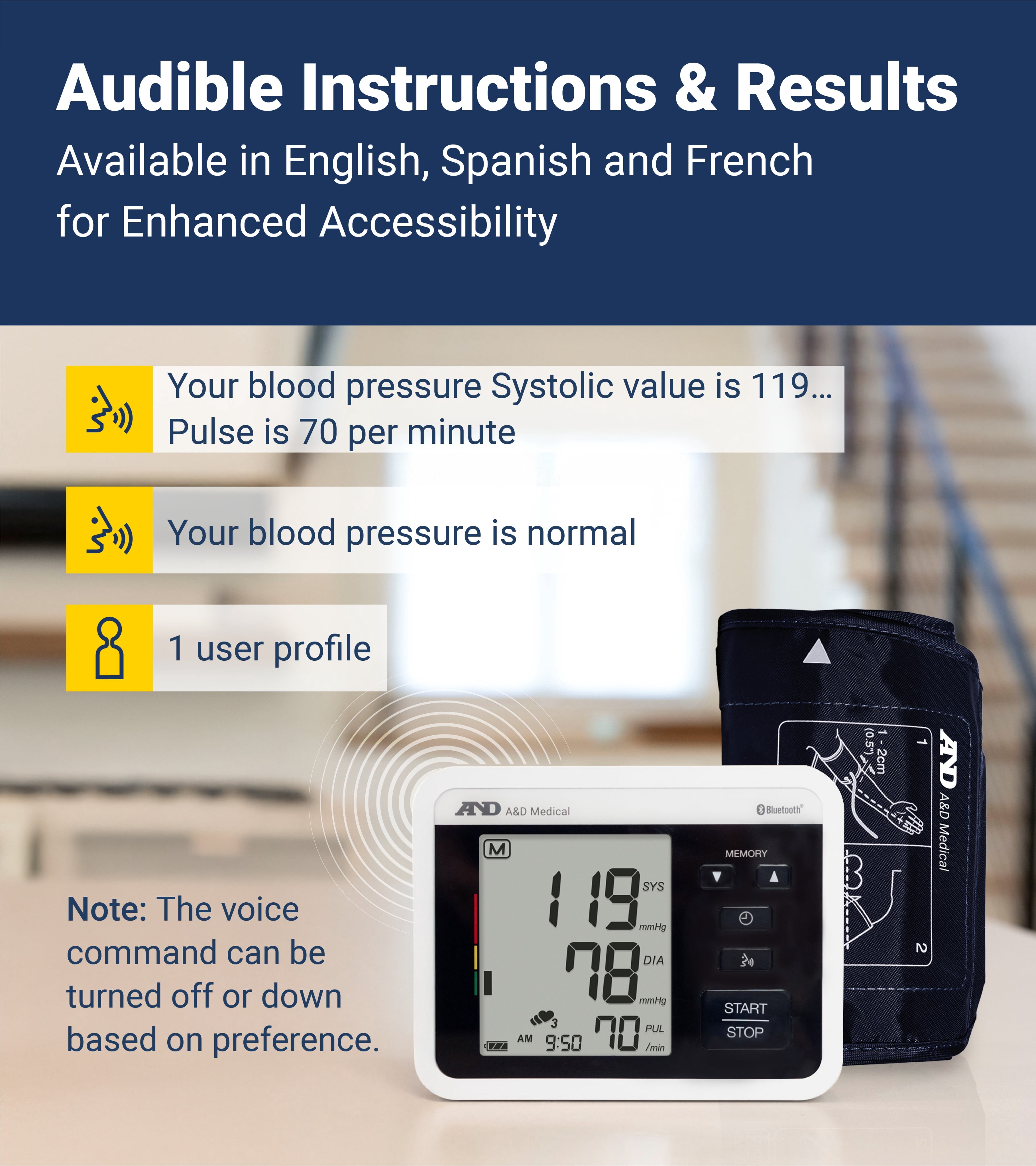 A&D Medical UA-1040TBLE Wide Cuff Heart Rate Detection Digital Upper Arm Blood Pressure Monitor with Bluetooth