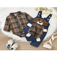 thumbnail image 3 of Infant Baby Boys Clothes Spring Long Sleeve Plaid Romper+Cartoon Dog Pattern Long Suspender Pants Red 0-3 Months, 3 of 9