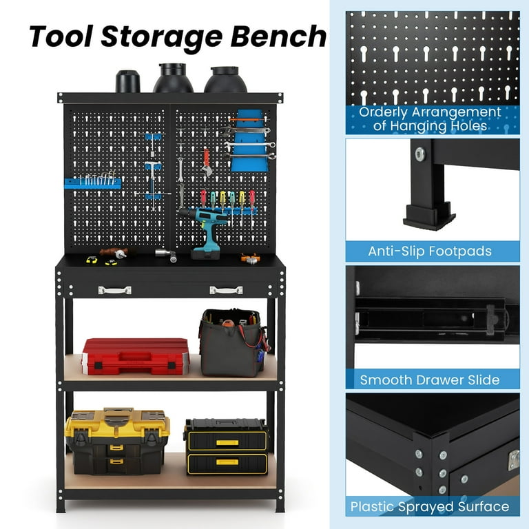 Gymax Metal Workbench w/ 2 Shelves, Heavy-Duty Work Table, Tool