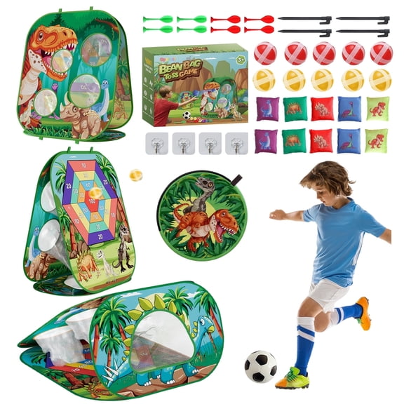 KNMDU 4-in-1 Cornhole Board Set with Bean Bag Toss, Soccer Goal, Safe Darts and Throwing Ball for Kids Ages 3-8