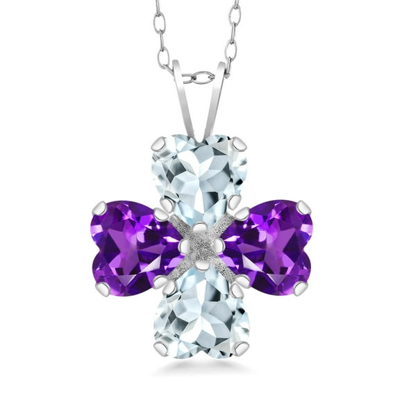 Gem Stone King 2.82 Cttw Sky Blue Aquamarine and Purple Amethyst 4 Heart Shape Gemstone March Birthstone Pendant Necklace for Women | 925 Sterling Silver | 6MM Heart | With 18 inch Silver Chain