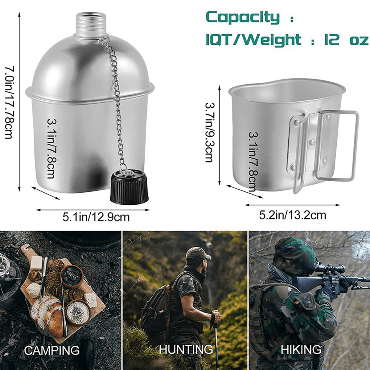 2X Outdoor Canteen Cookware Set Canteen Cup Portable Water Bottle with Grab Handle Cup for Outdoor Camping Hiking