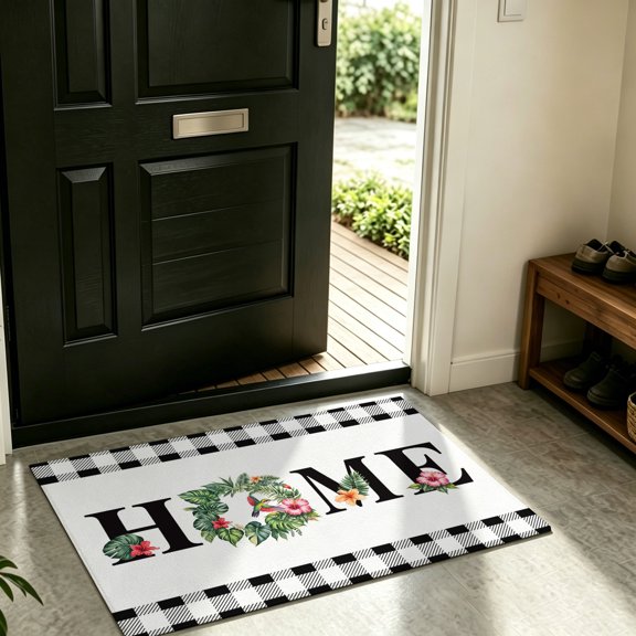 Front Door Mat Indoor Outdoor Home Words Summer Flowers Non-Slip Doormat Low Profile Patio Porch Entryway Rug 16x24in Alephants Honeybirds