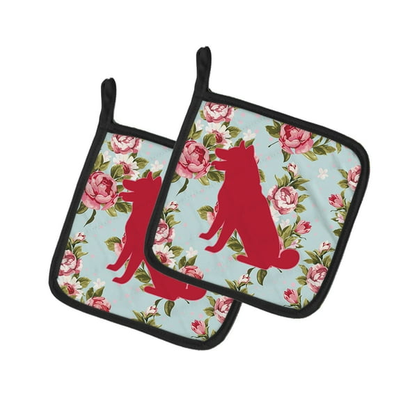 Caroline's Treasures BB1113-RS-BU-PTHD Shiba Inu Shabby Chic Blue Roses Pair of Pot Holders , 7.5HX7.5W, multicolor