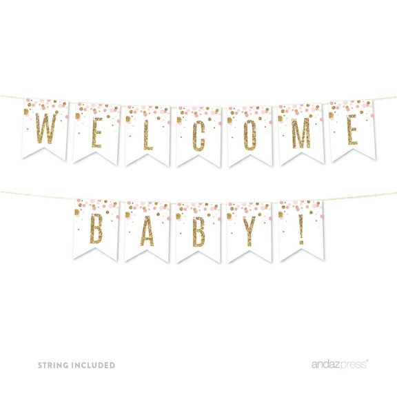 Blush Pink Gold Glitter Baby Shower Party Pennant Banner
