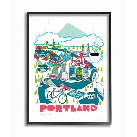 The Stupell Home Decor Collection Blue and Red Portland Scenic Illustrated Poster with Bike and Mountain Framed Giclee Texturized Art