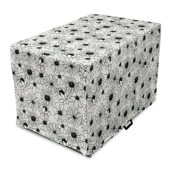 Flower Dog Crate Cover, Simple Monochromatic Floral Repetition with Abstract Outline Petals, Easy to Use Pet Kennel Cover Small Dogs Puppies Kittens, 7 Sizes, Ivory and Charcoal Grey, by Ambesonne